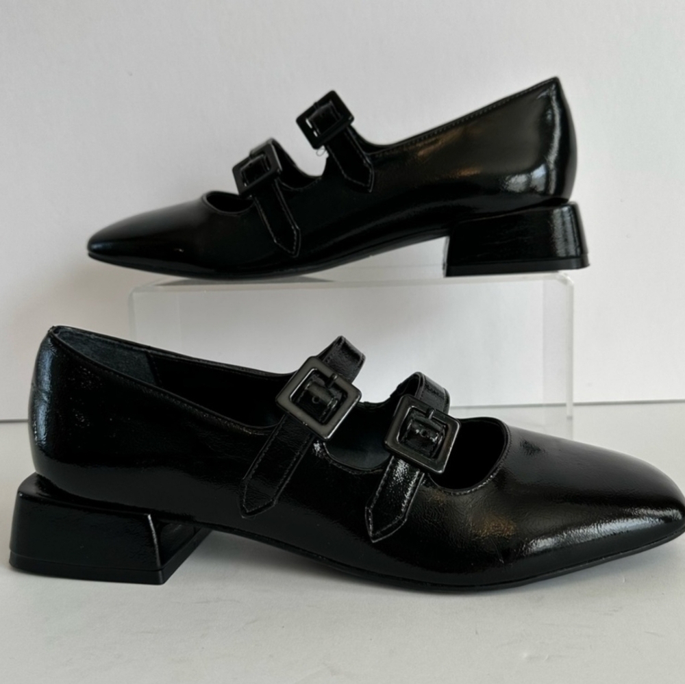 Black Leather Flats with Monk Strap Design